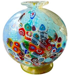 HANDMADE MURANO MILLEFIORI BLUE BLOWN GLASS VASE MURANO ITALY RARE STICKER 5”